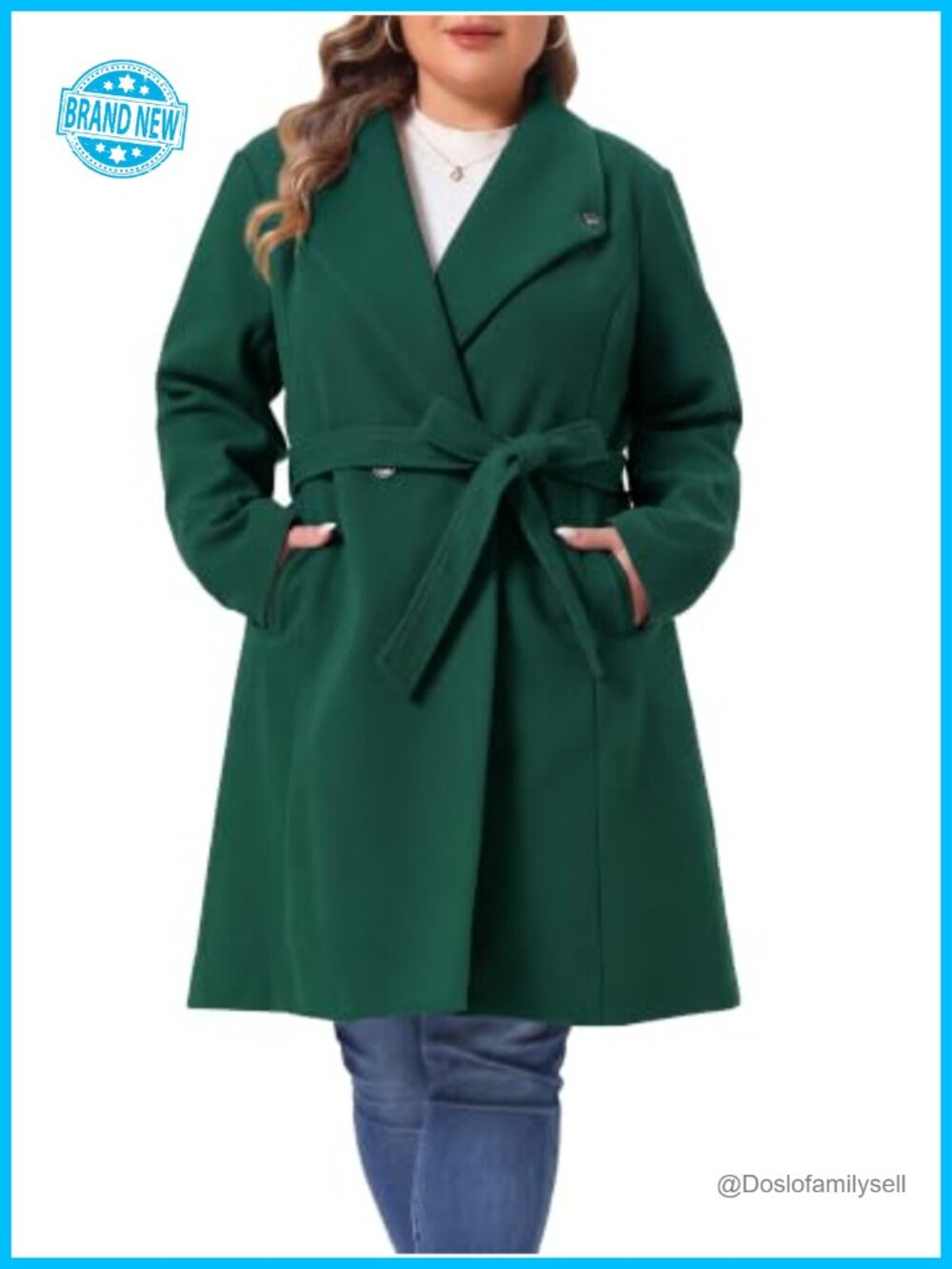 Women Plus Size Double Breasted Belted Midi Pea Coat Winter Trench Coat